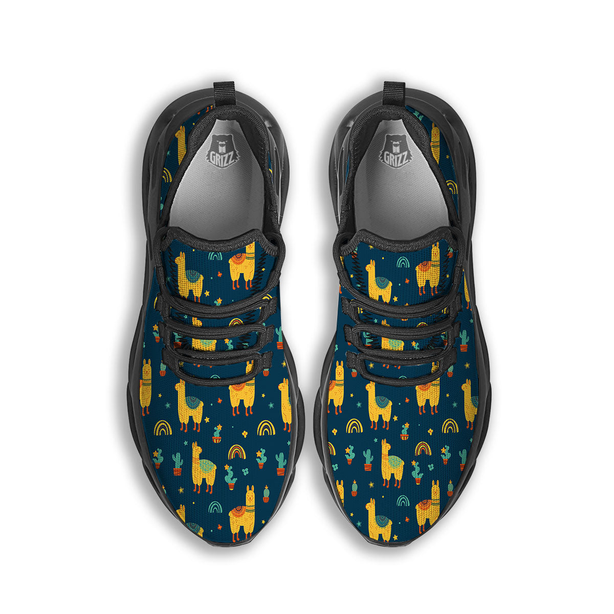 Llama And Cute Cactus Print Pattern Black Running Shoes-grizzshop