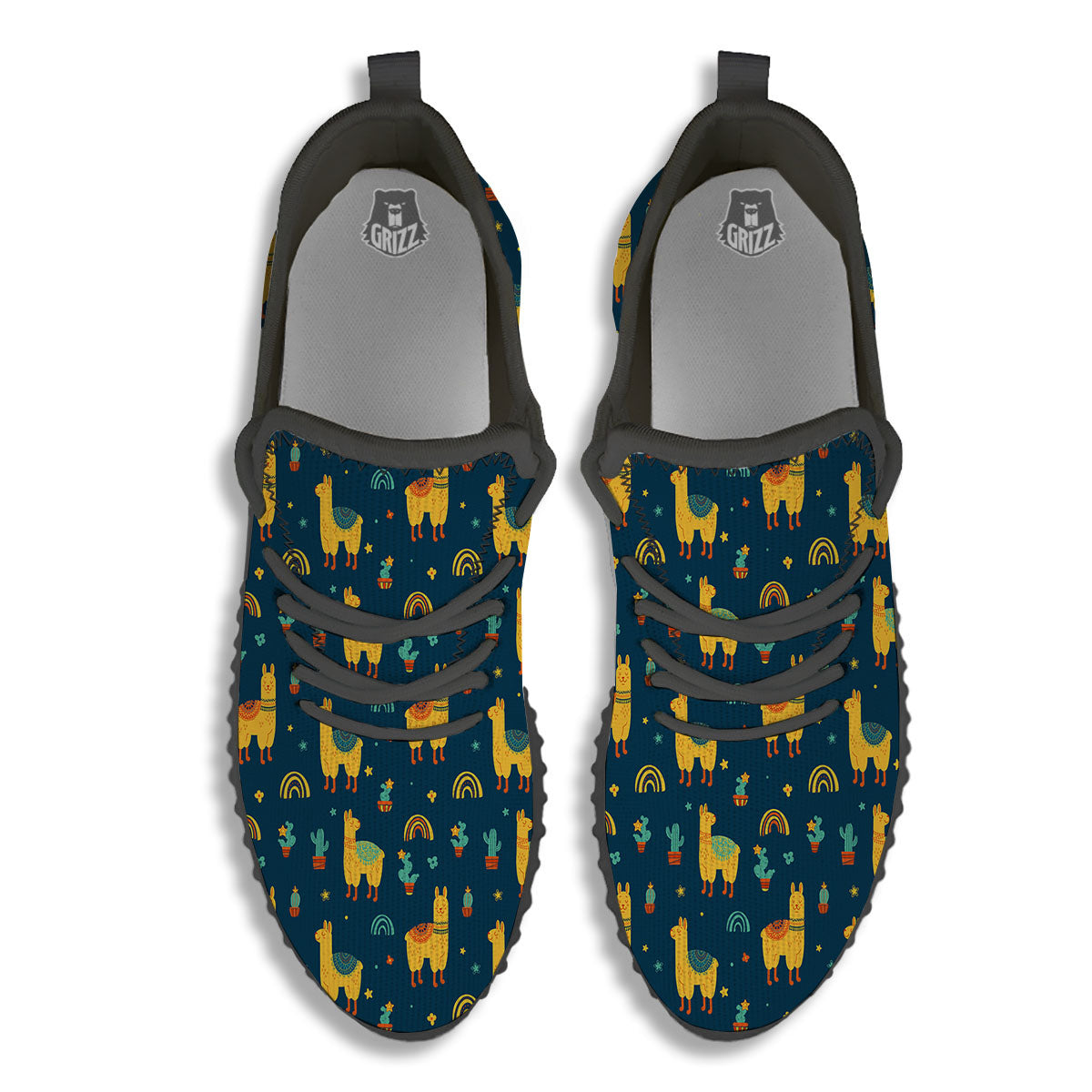 Llama And Cute Cactus Print Pattern Black Walking Shoes-grizzshop