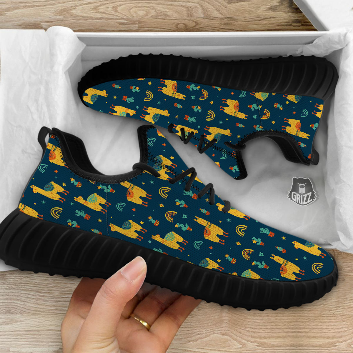 Llama And Cute Cactus Print Pattern Black Walking Shoes-grizzshop