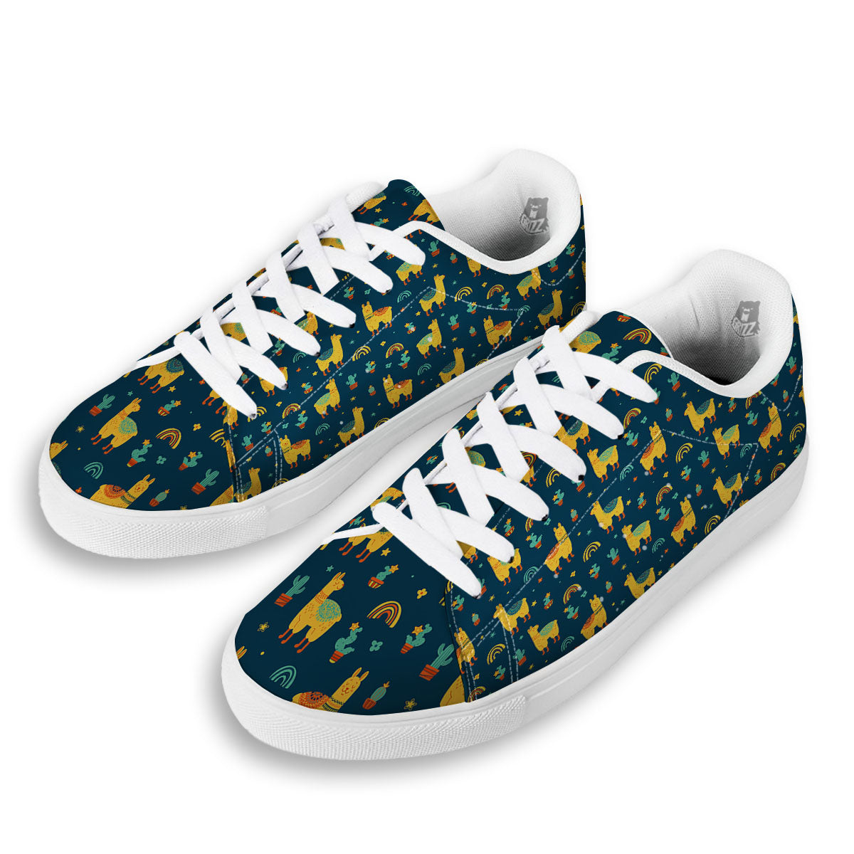 Llama And Cute Cactus Print Pattern White Low Top Sneakers-grizzshop