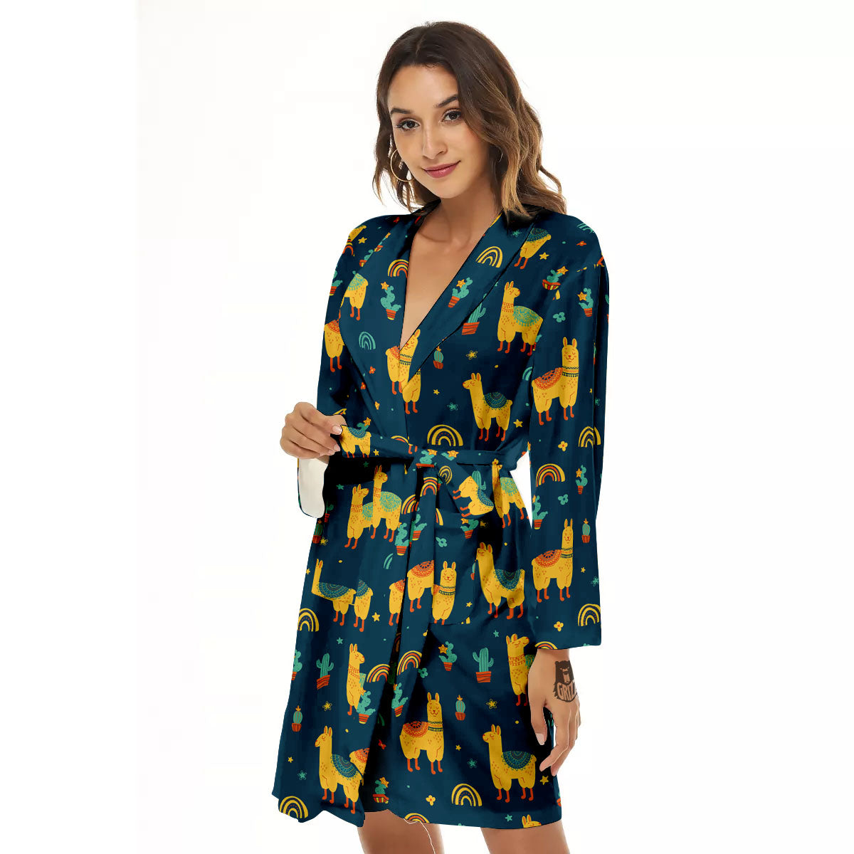 Llama And Cute Cactus Print Pattern Women's Robe-grizzshop