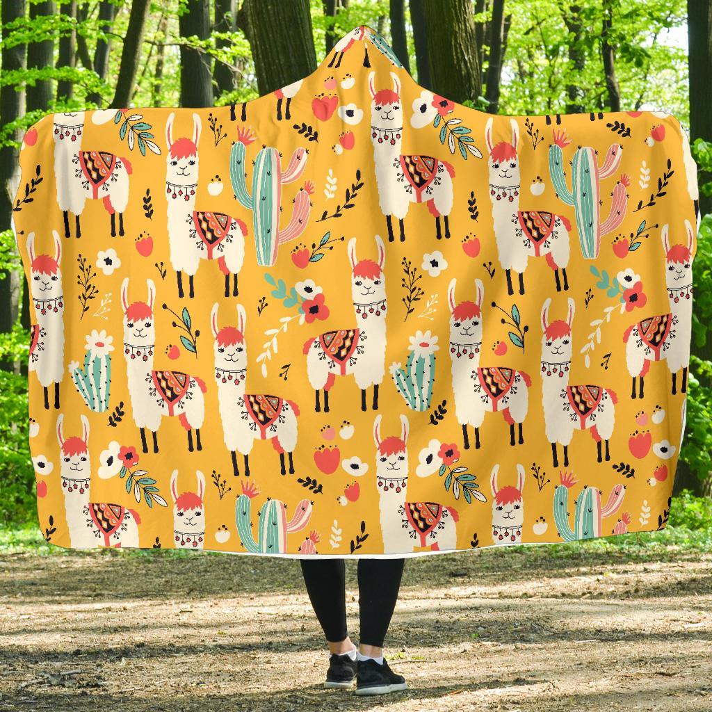 Llama Cactus Pattern Print Hooded Blanket-grizzshop
