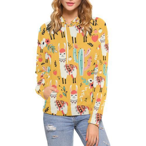 Llama Cactus Pattern Print Women Pullover Hoodie-grizzshop