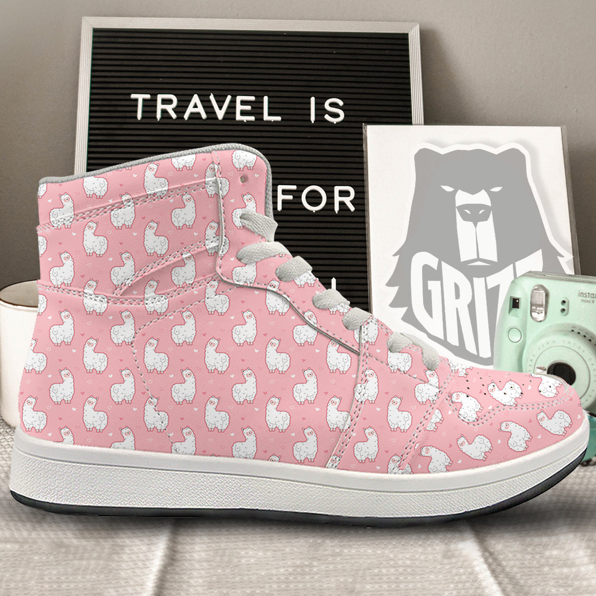 Llama Cute Pink Print Pattern High Top Sneakers-grizzshop