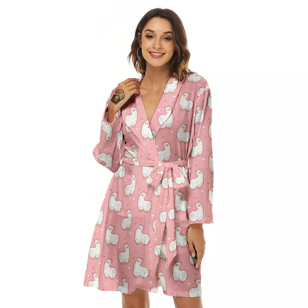 Llama Cute Pink Print Pattern Women's Robe-grizzshop