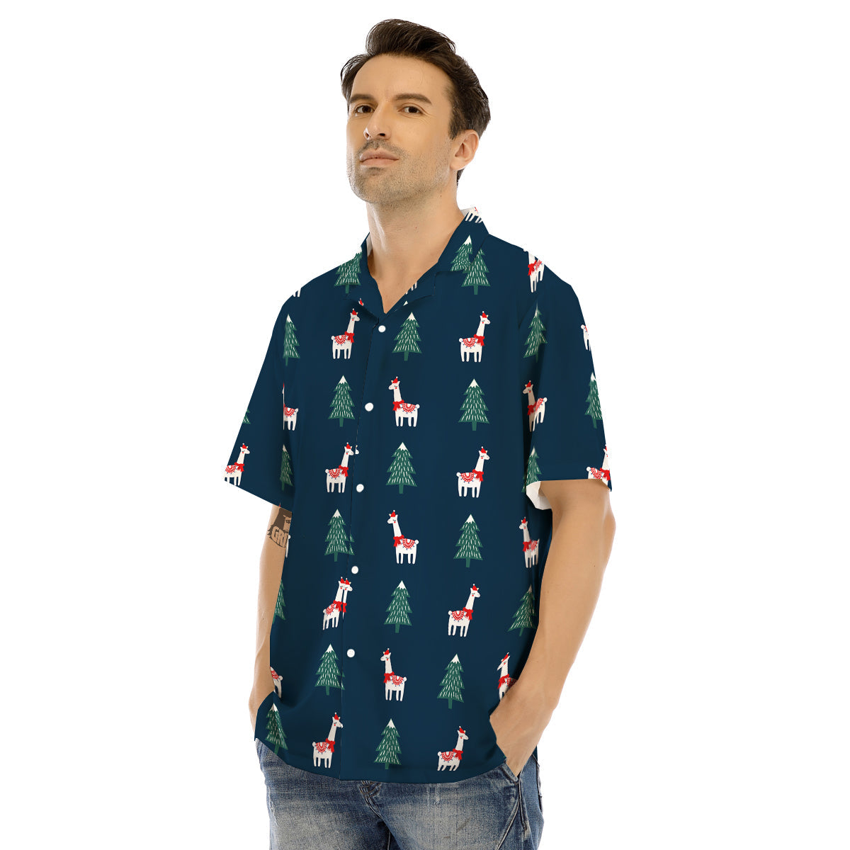 Llama Xmas Print Pattern Men's Hawaiian Shirt-grizzshop