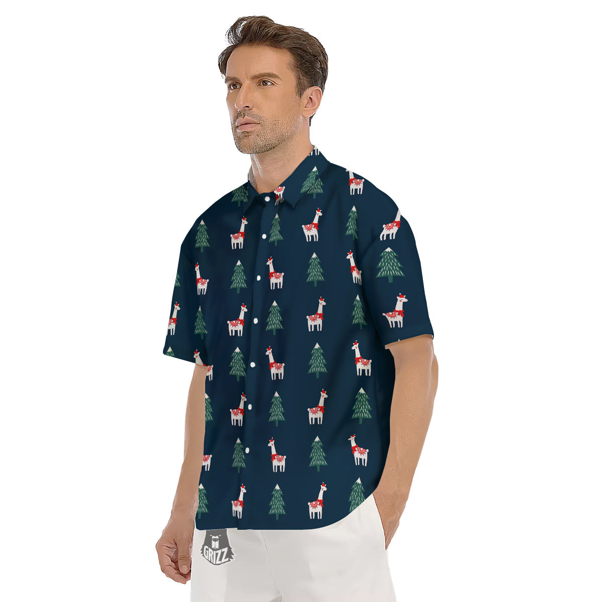 Llama Xmas Print Pattern Men's Short Sleeve Shirts-grizzshop