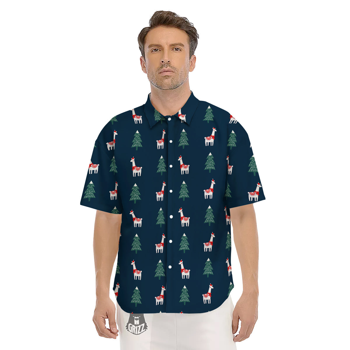 Llama Xmas Print Pattern Men's Short Sleeve Shirts-grizzshop