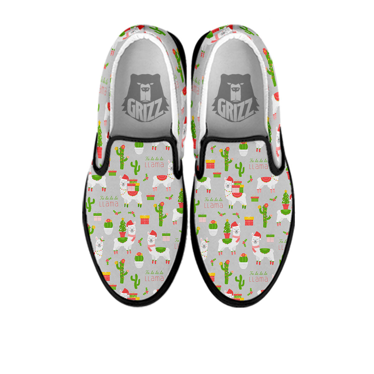 Llama Xmas Santa Claus Print Pattern Black Slip On Shoes-grizzshop