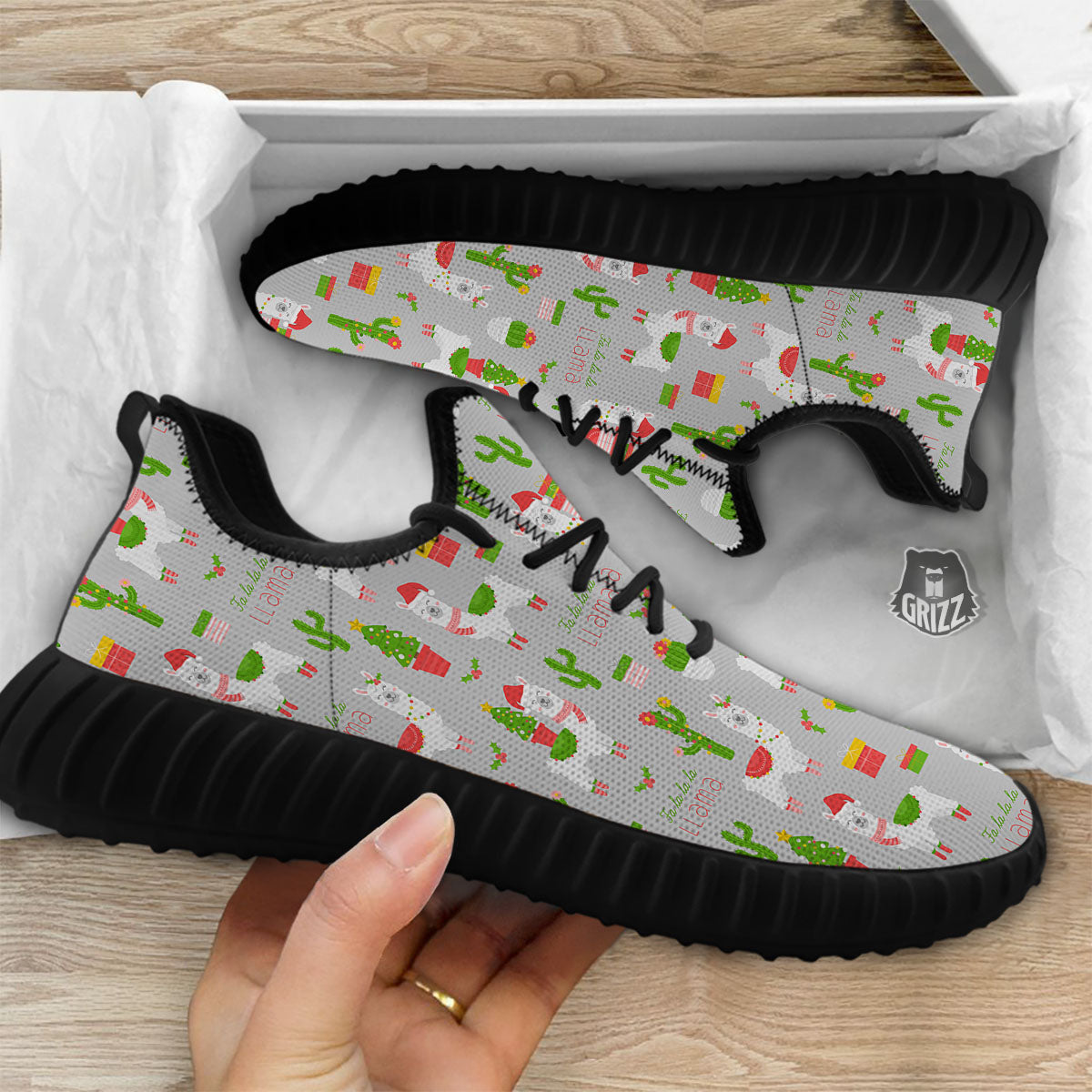 Llama Xmas Santa Claus Print Pattern Black Walking Shoes-grizzshop