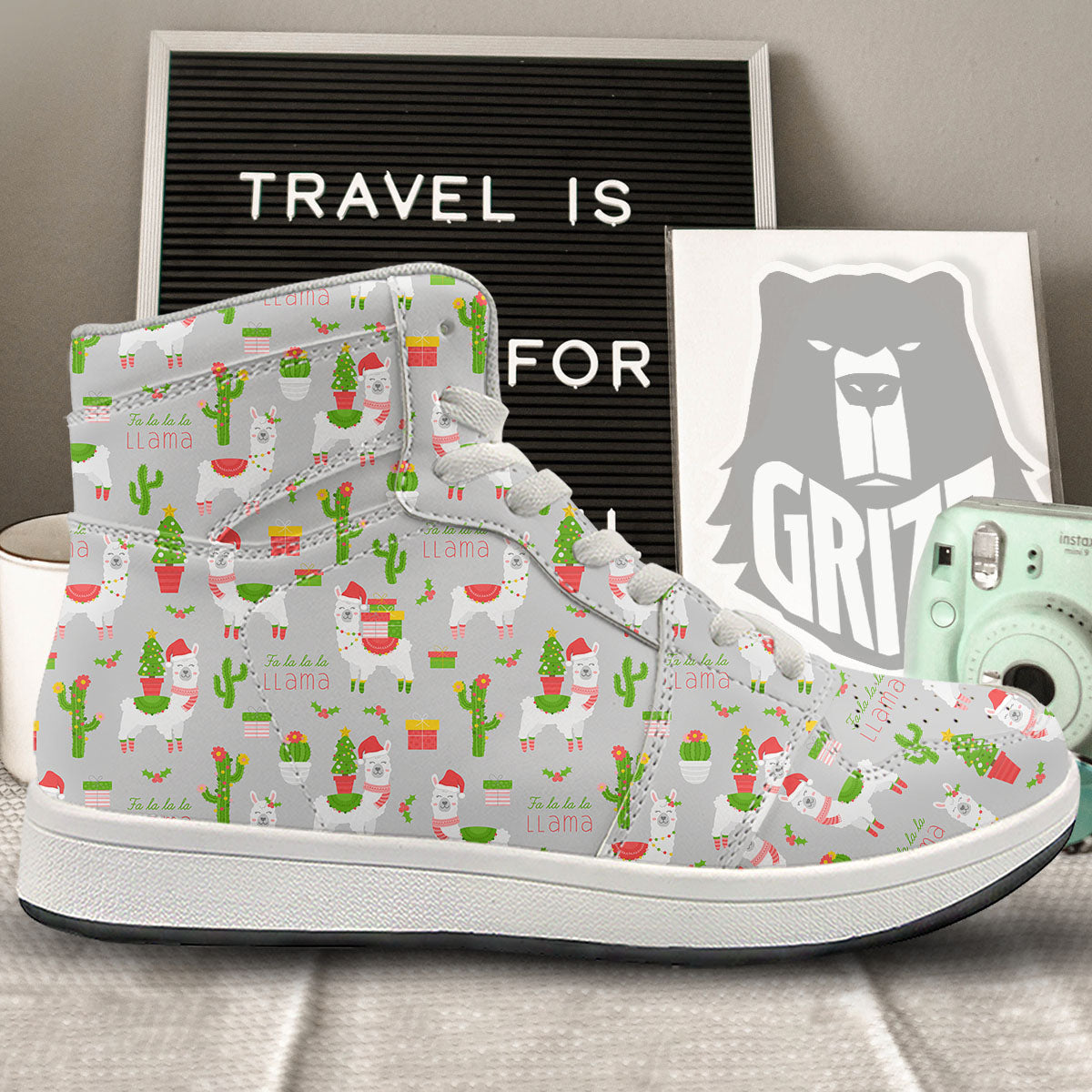 Llama Xmas Santa Claus Print Pattern High Top Sneakers-grizzshop