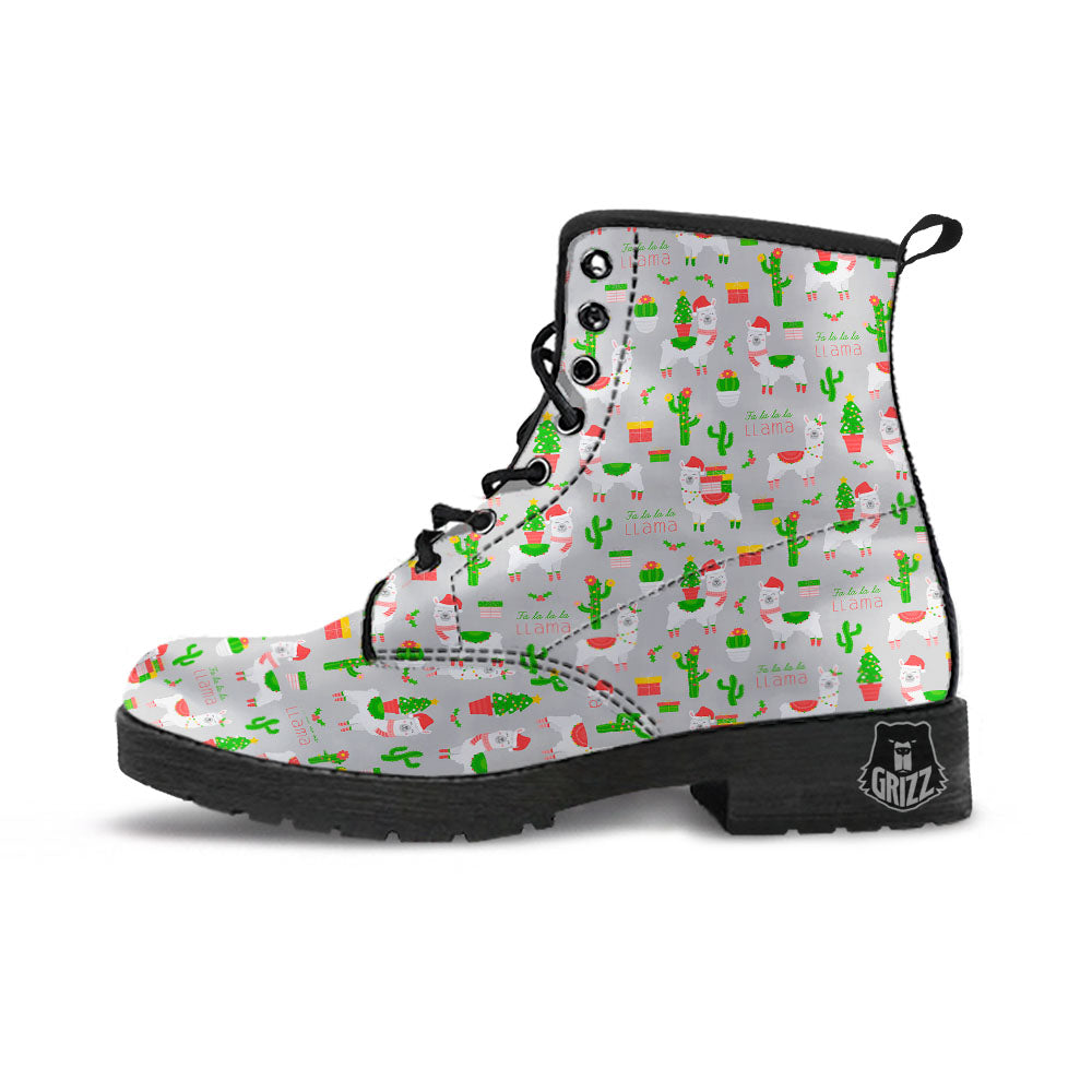 Llama Xmas Santa Claus Print Pattern Leather Boots-grizzshop