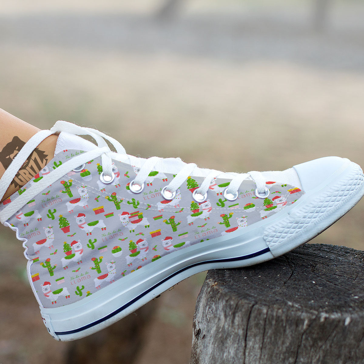 Llama Xmas Santa Claus Print Pattern White High Top Shoes-grizzshop