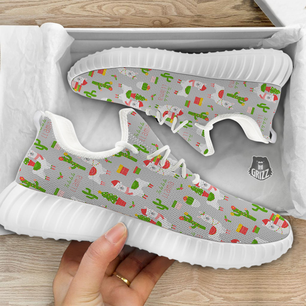 Llama Xmas Santa Claus Print Pattern White Walking Shoes-grizzshop