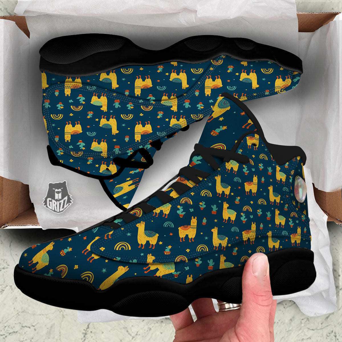 Llama Yellow Print Pattern Black Basketball Shoes-grizzshop