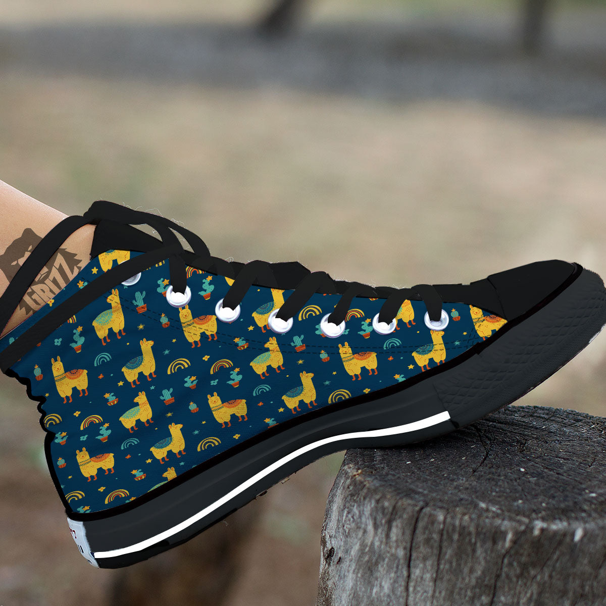 Llama Yellow Print Pattern Black High Top Shoes-grizzshop