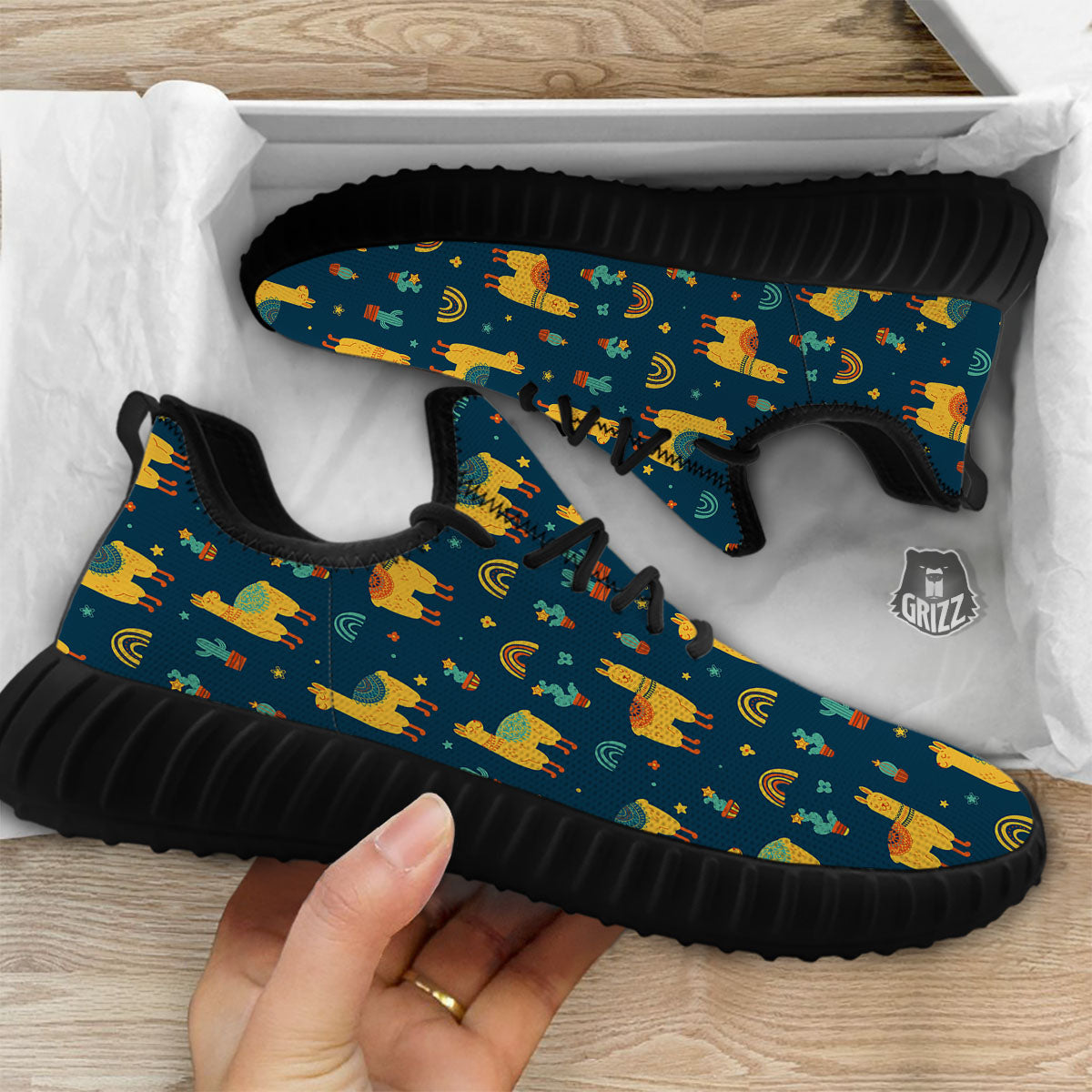 Llama Yellow Print Pattern Black Walking Shoes-grizzshop