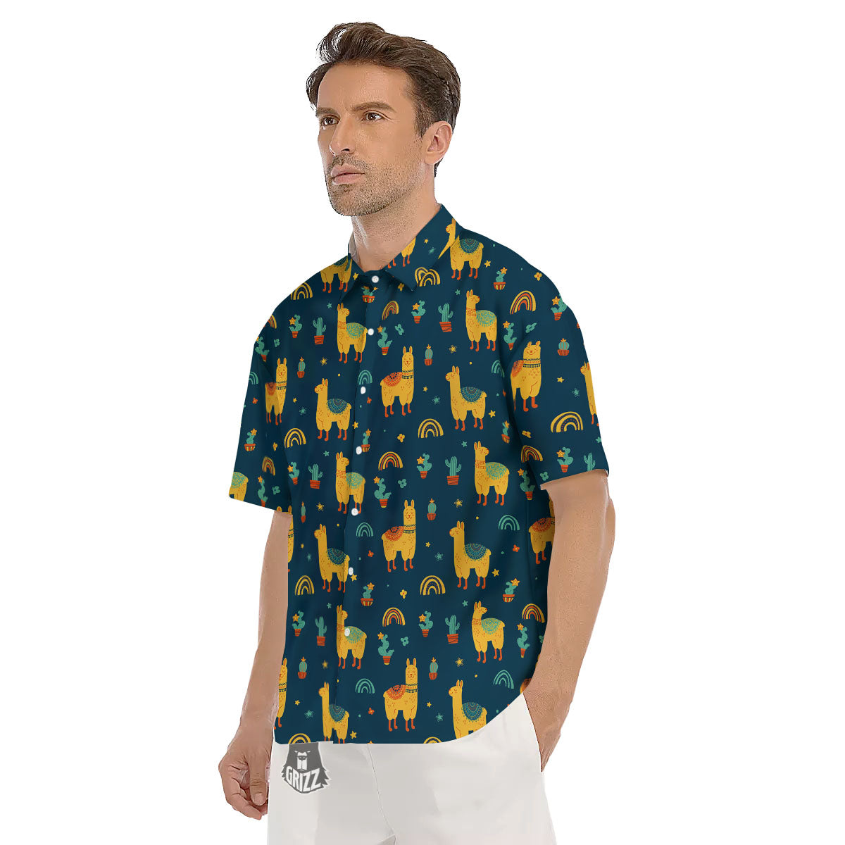 Llama Yellow Print Pattern Men's Short Sleeve Shirts-grizzshop