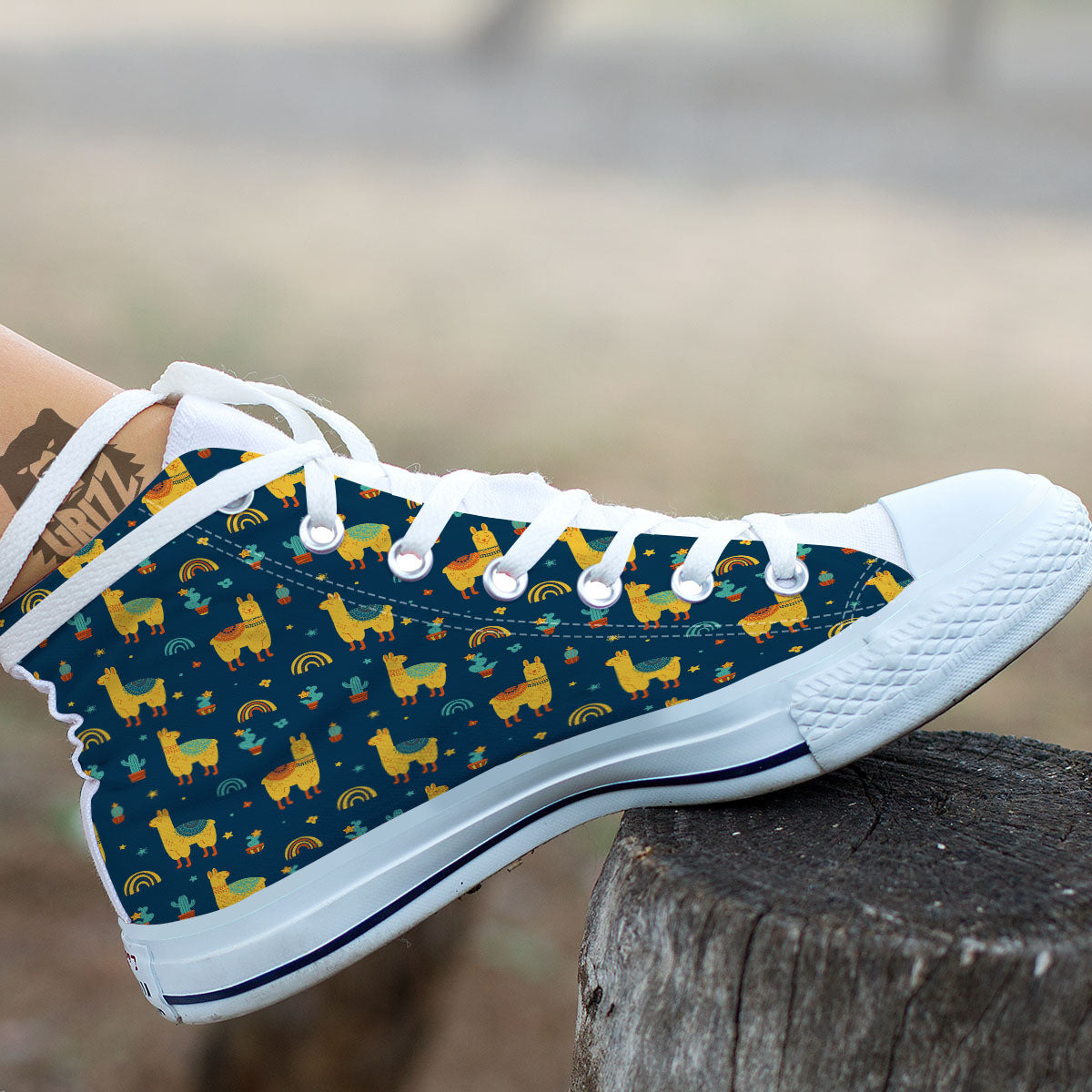 Llama Yellow Print Pattern White High Top Shoes-grizzshop