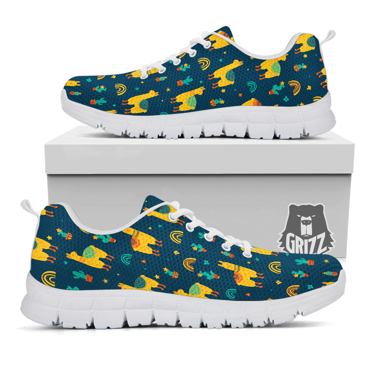 Llama Yellow Print Pattern White Sneaker-grizzshop