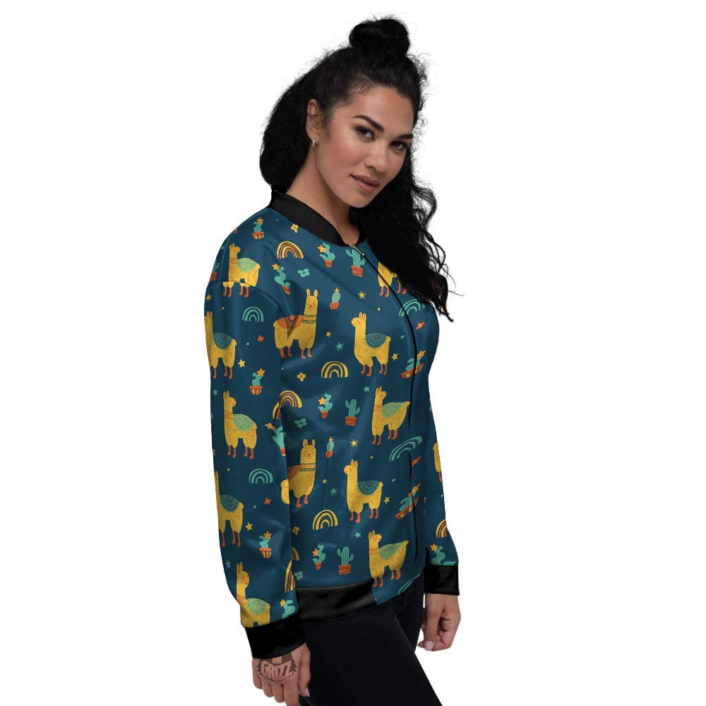 Llama Yellow Print Pattern Women's Bomber Jacket-grizzshop