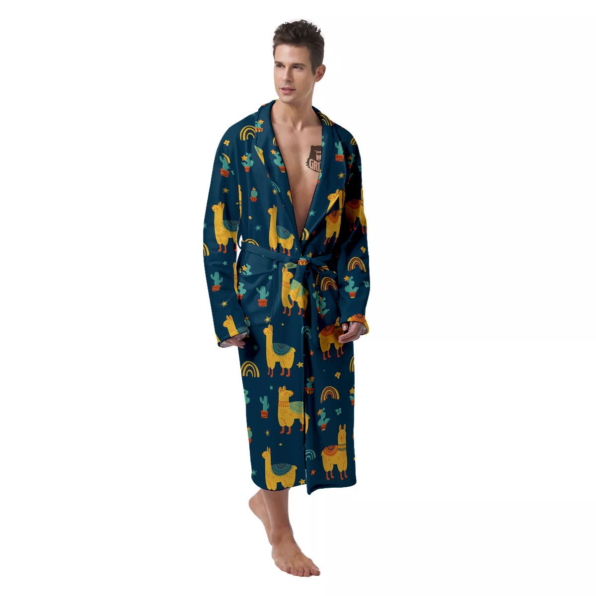 Llama Yellow Print Pattern Men's Robe-grizzshop