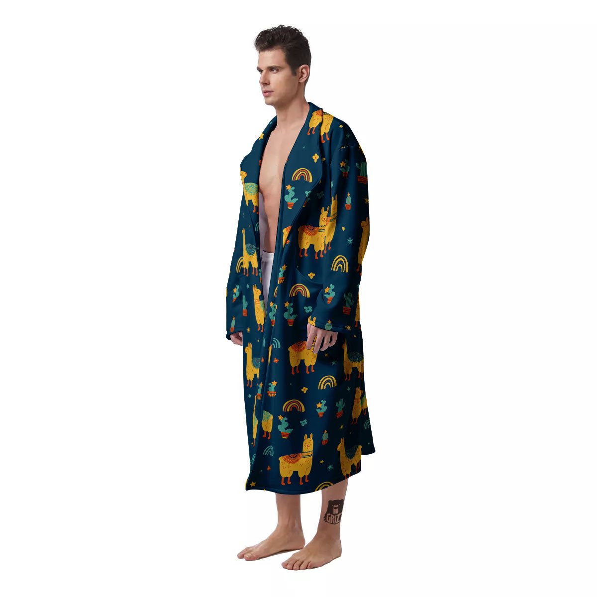 Llama Yellow Print Pattern Men's Robe-grizzshop