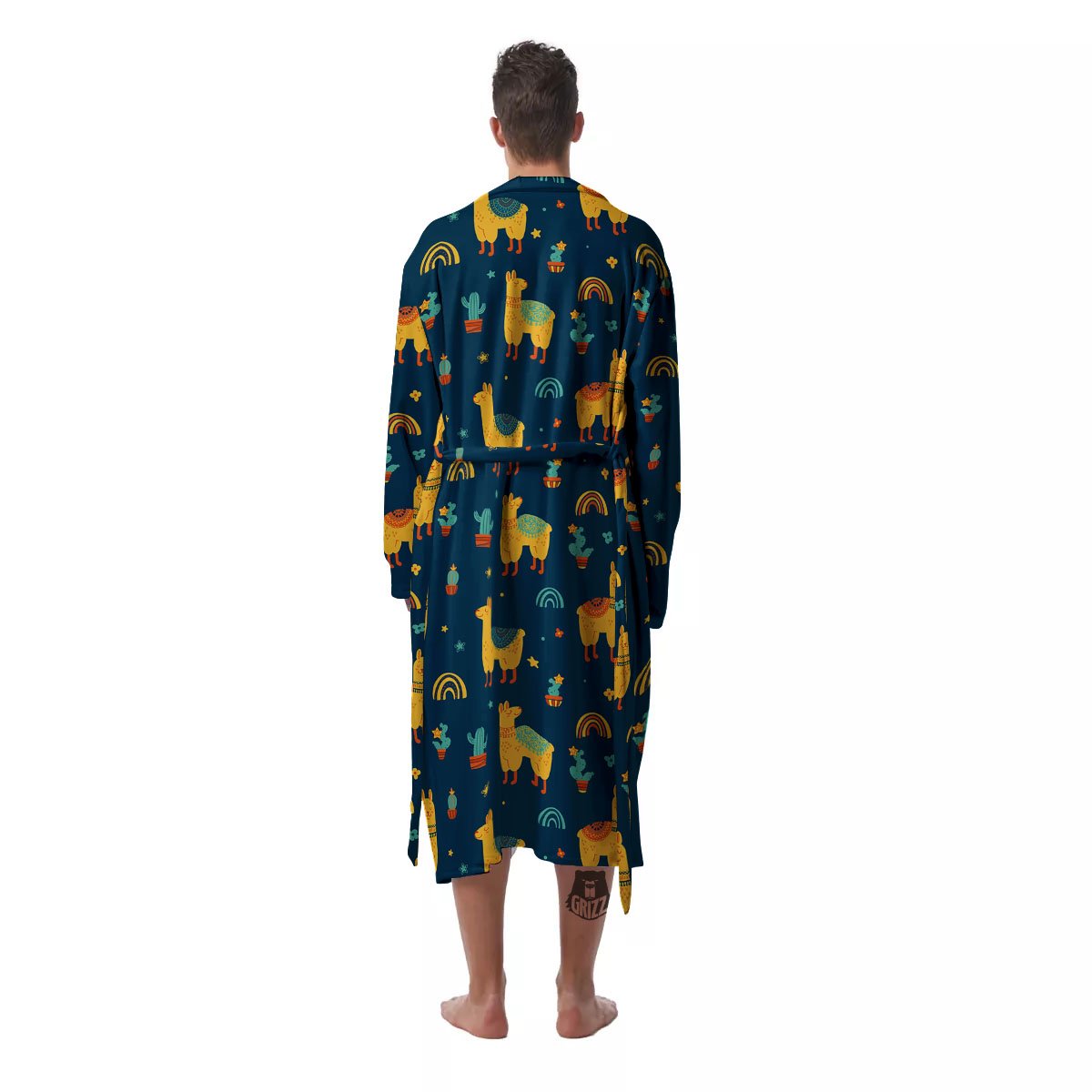 Llama Yellow Print Pattern Men's Robe-grizzshop