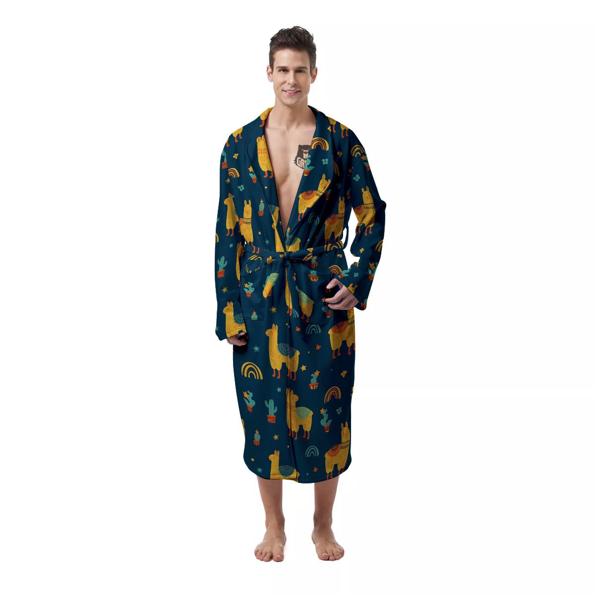 Llama Yellow Print Pattern Men's Robe-grizzshop