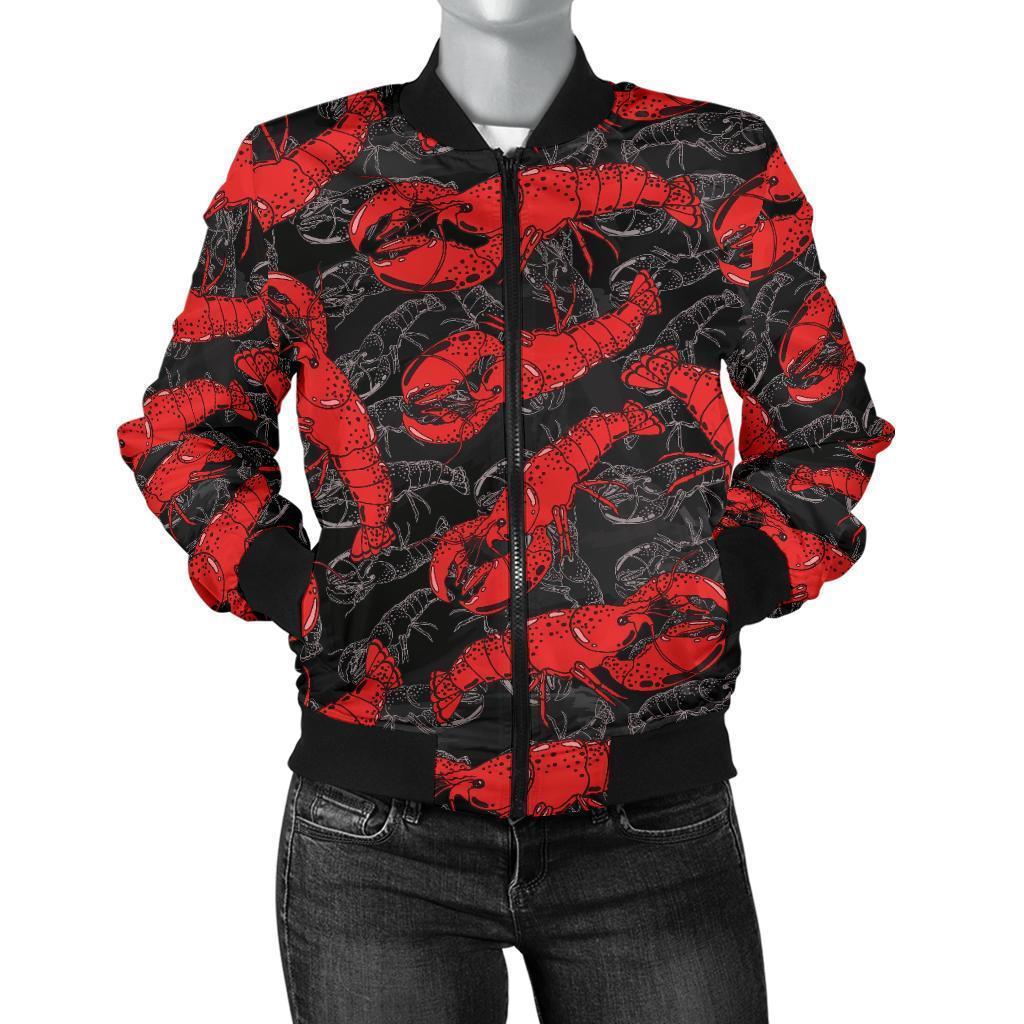 Lobster Black Pattern Print Women Casual Bomber Jacket-grizzshop