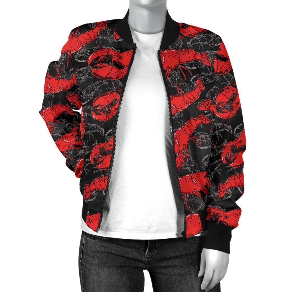 Lobster Black Pattern Print Women Casual Bomber Jacket-grizzshop