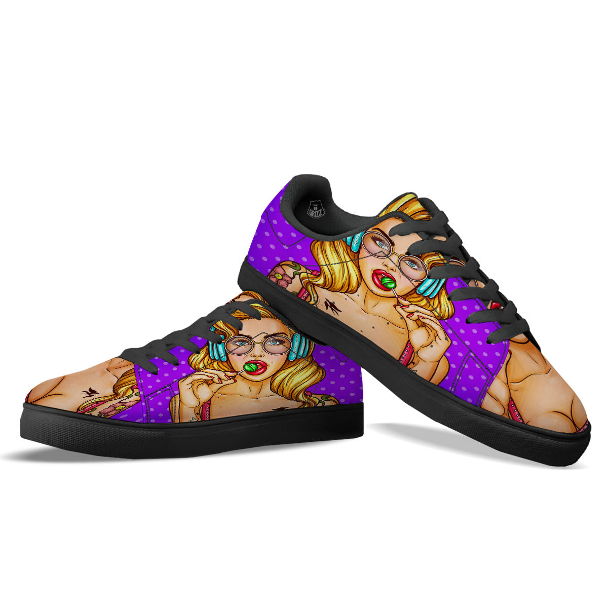 Lollipop And Punk Girl Print Black Low Top Sneakers-grizzshop