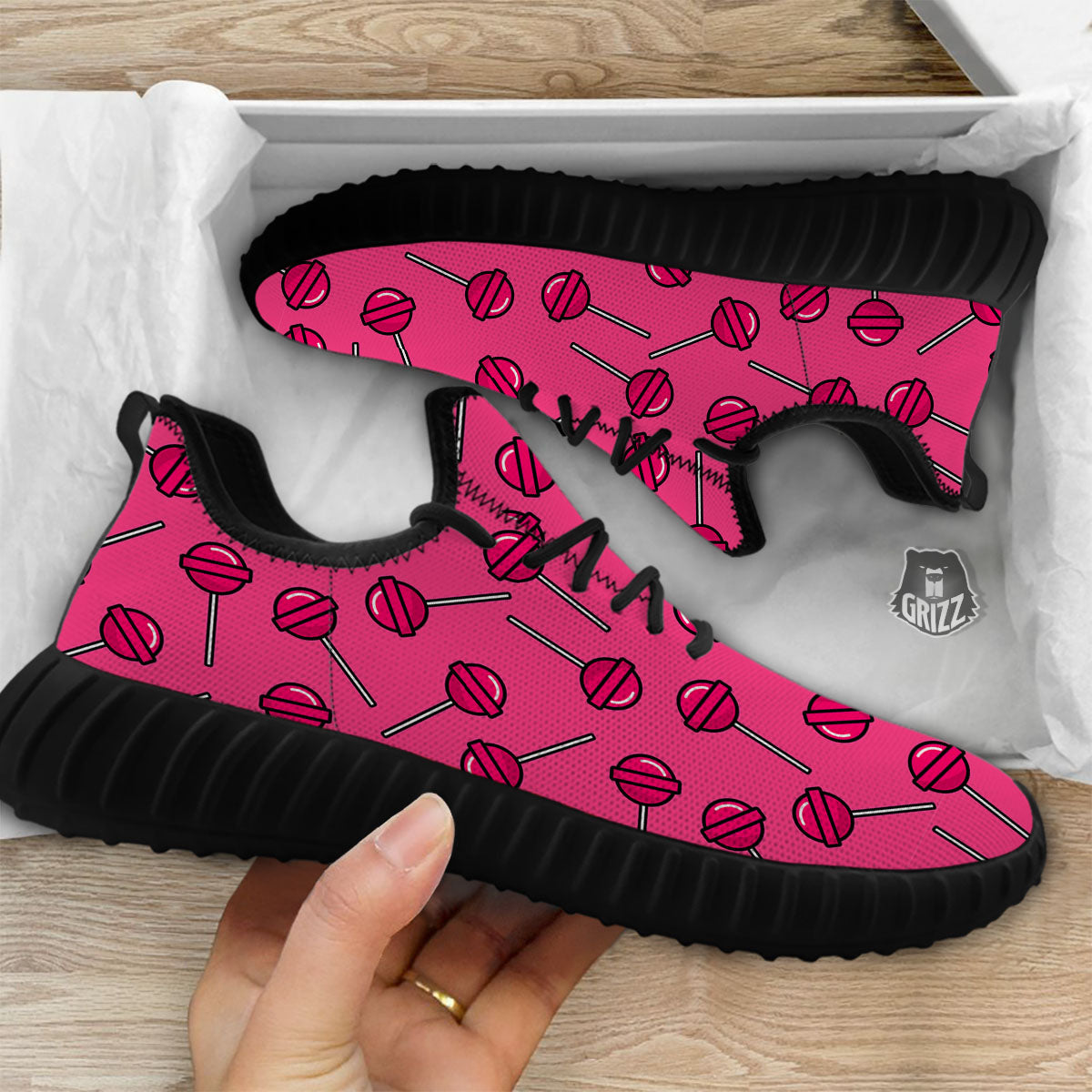 Lollipop Candy Pink Print Pattern Black Walking Shoes-grizzshop