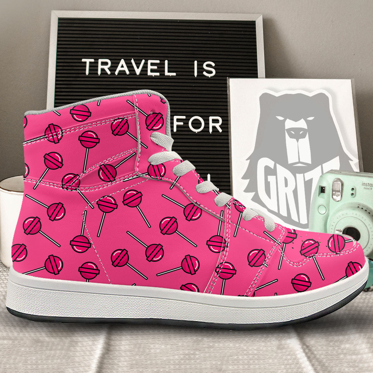 Lollipop Candy Pink Print Pattern High Top Sneakers-grizzshop