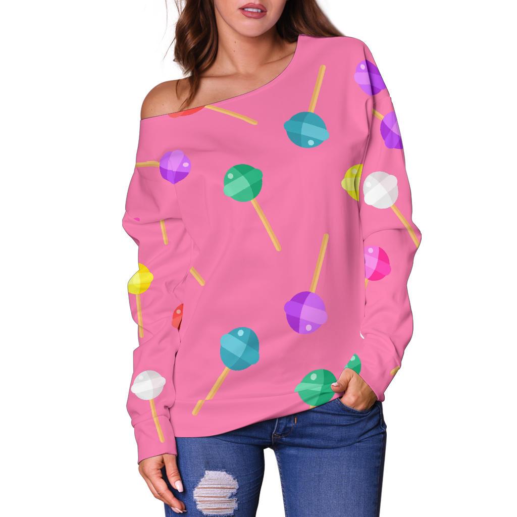 Lollipop Colorful Pattern Print Women Off Shoulder Sweatshirt-grizzshop