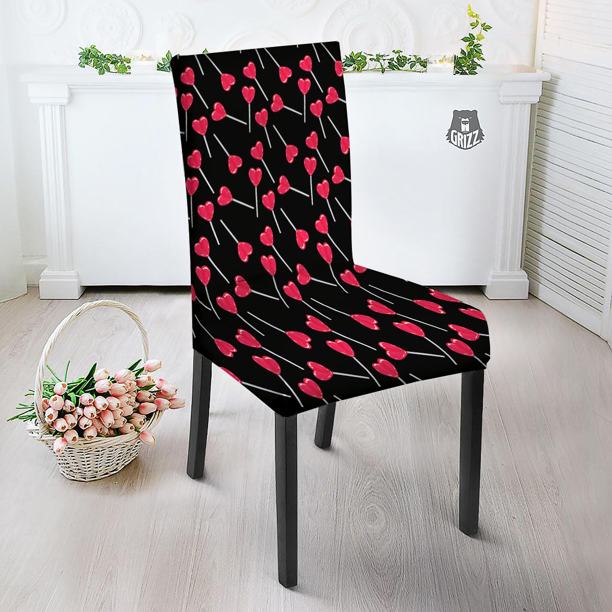 Lollipop Red Heart Print Pattern Dining Chair Slipcover-grizzshop