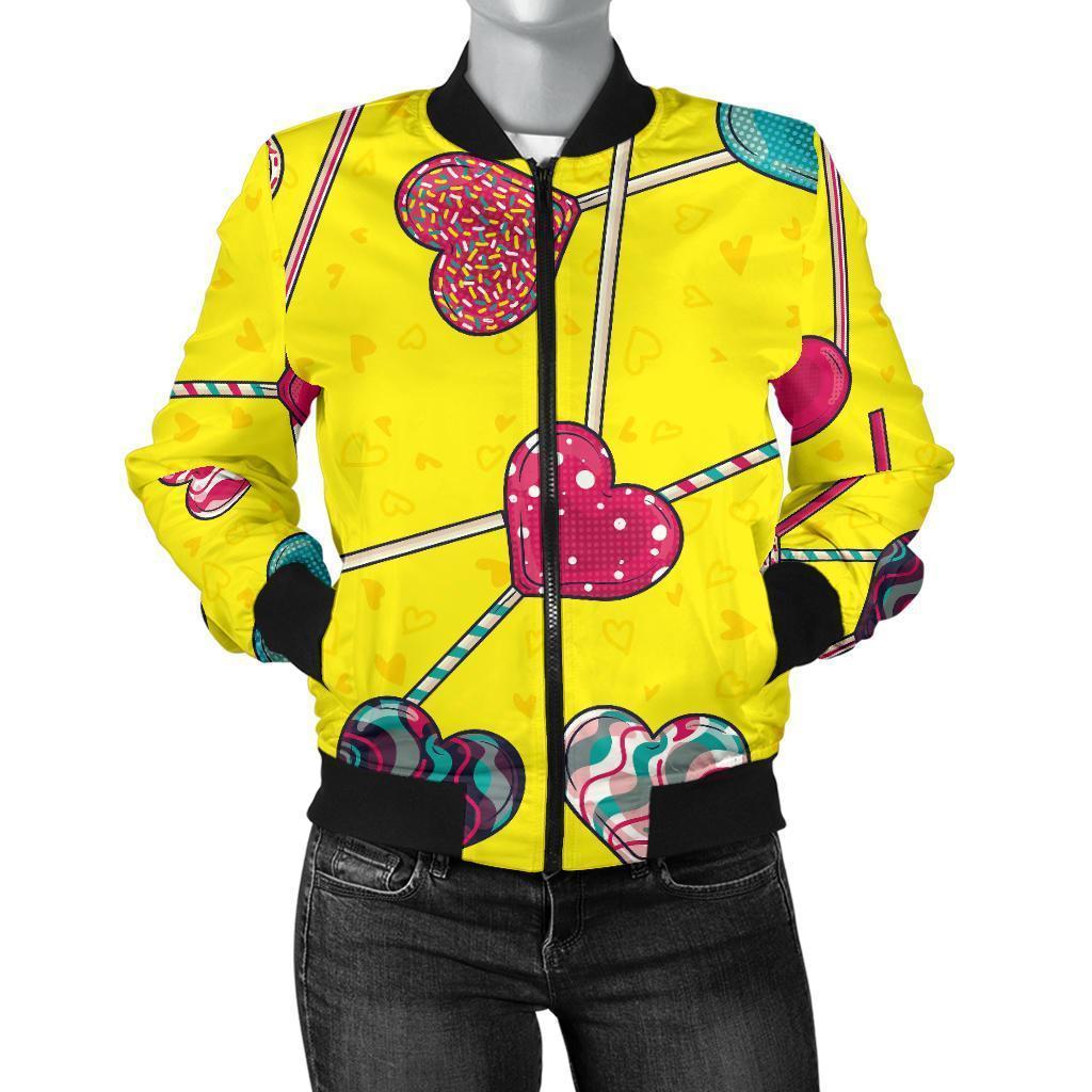 Lollipop Heart Pattern Print Women Casual Bomber Jacket-grizzshop