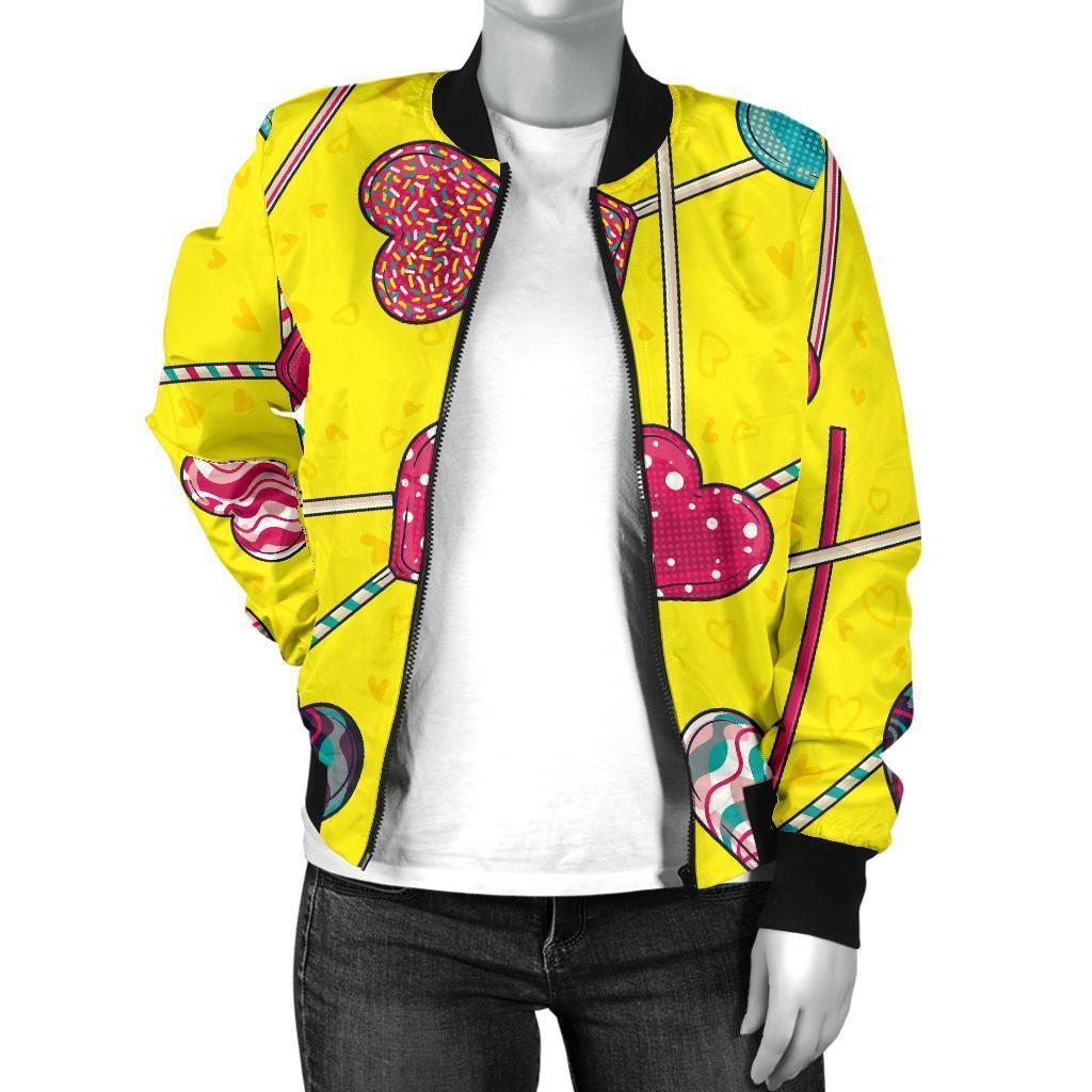 Lollipop Heart Pattern Print Women Casual Bomber Jacket-grizzshop