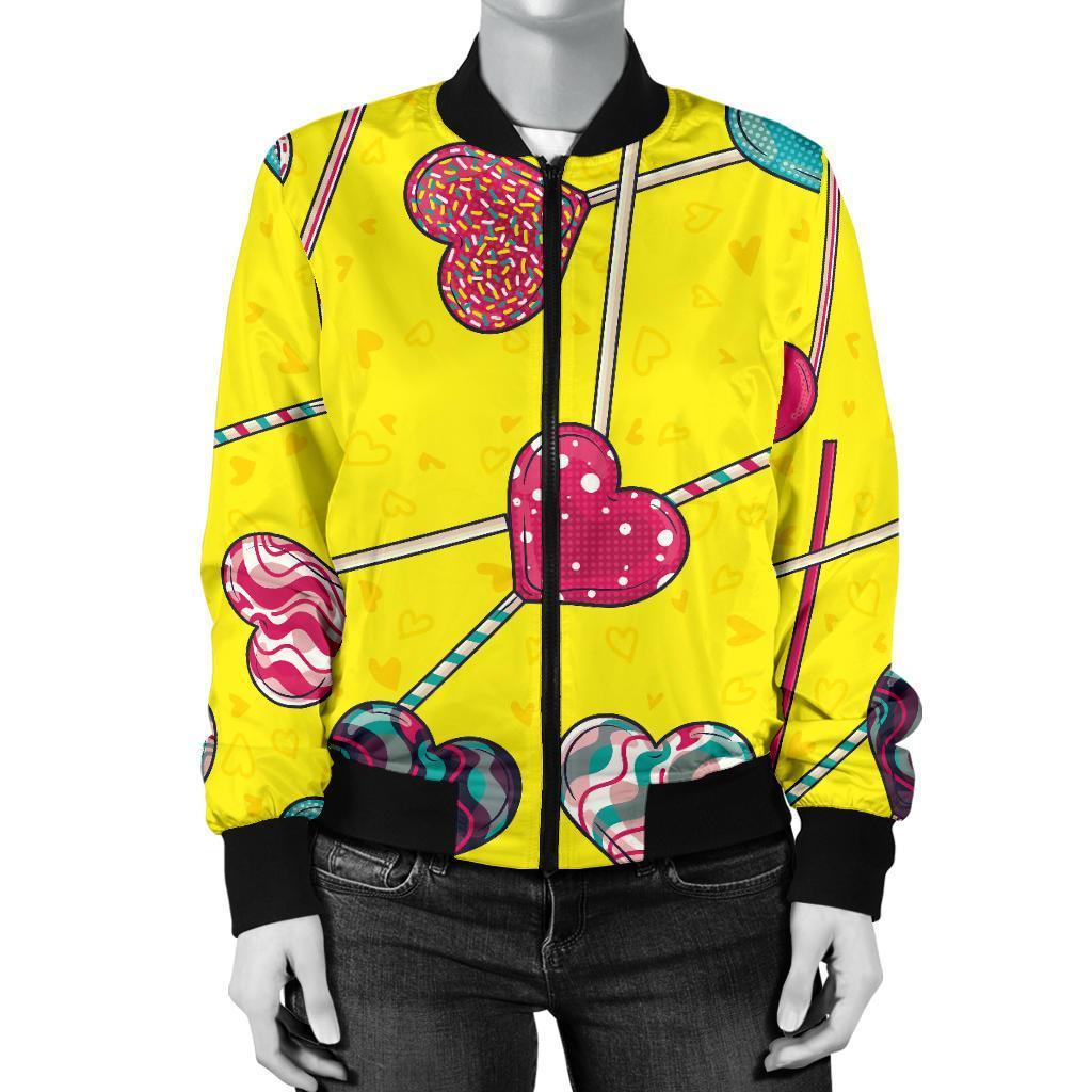 Lollipop Heart Pattern Print Women Casual Bomber Jacket-grizzshop