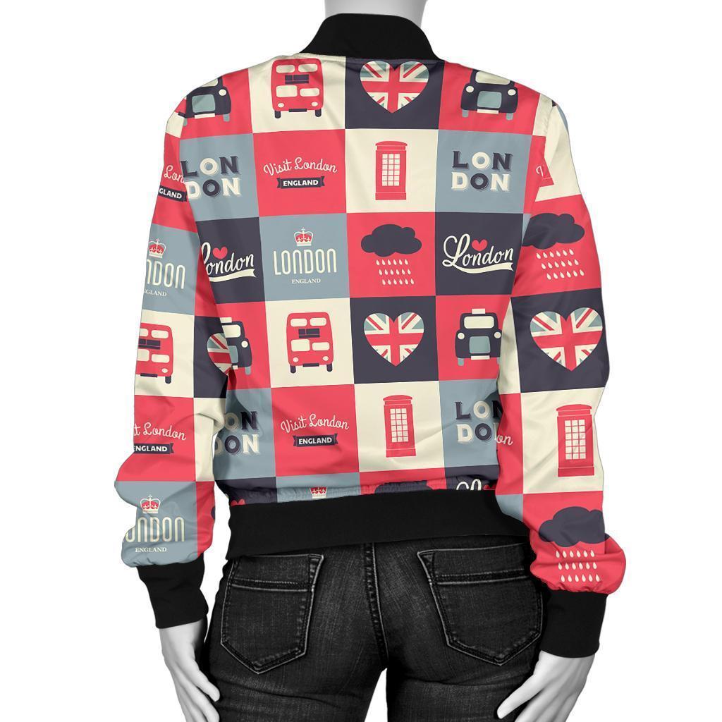 London Lover Pattern Print Women Casual Bomber Jacket-grizzshop