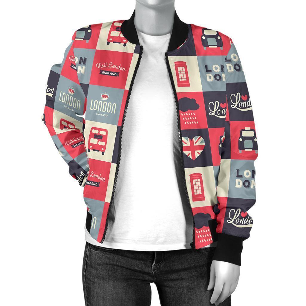London Lover Pattern Print Women Casual Bomber Jacket-grizzshop