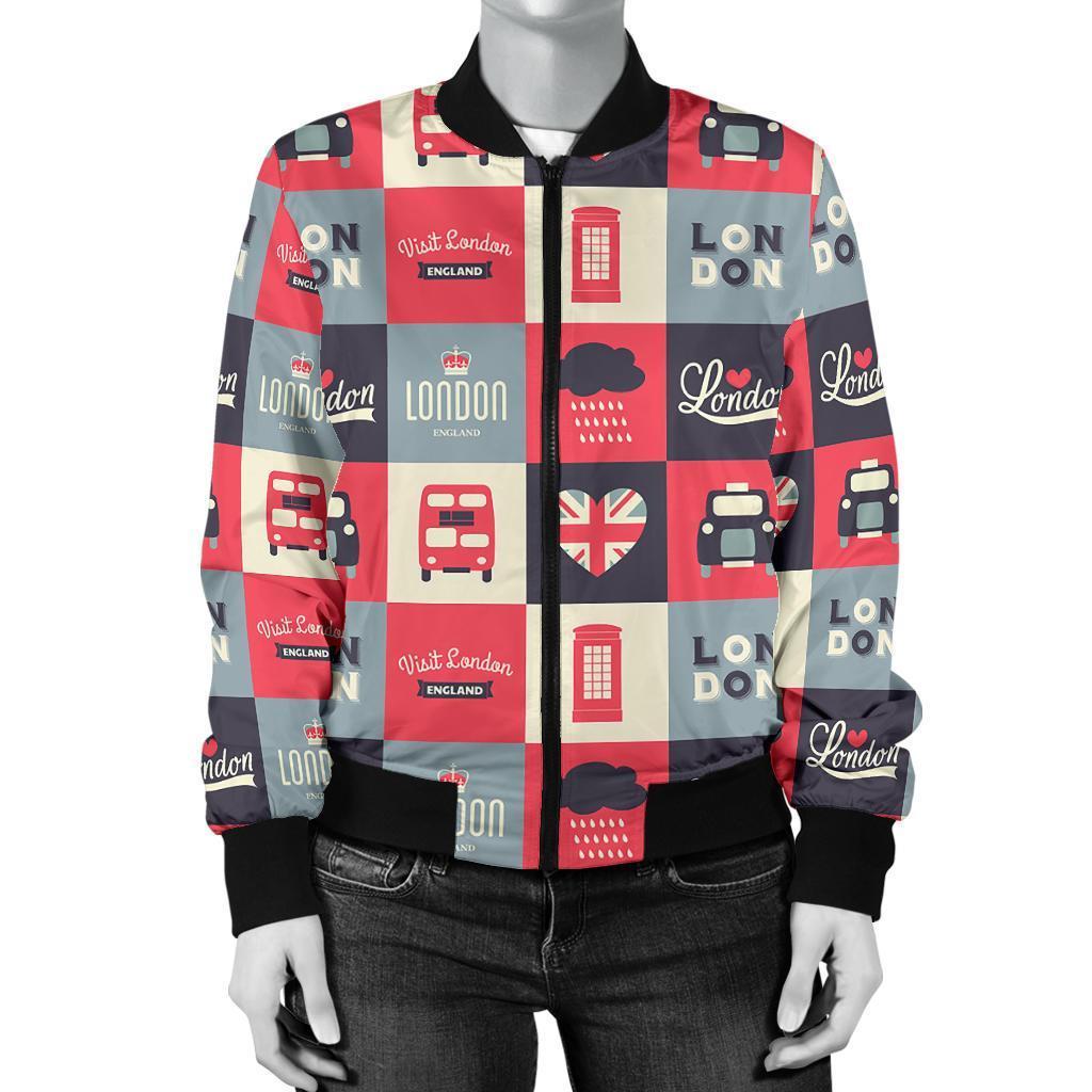 London Lover Pattern Print Women Casual Bomber Jacket-grizzshop