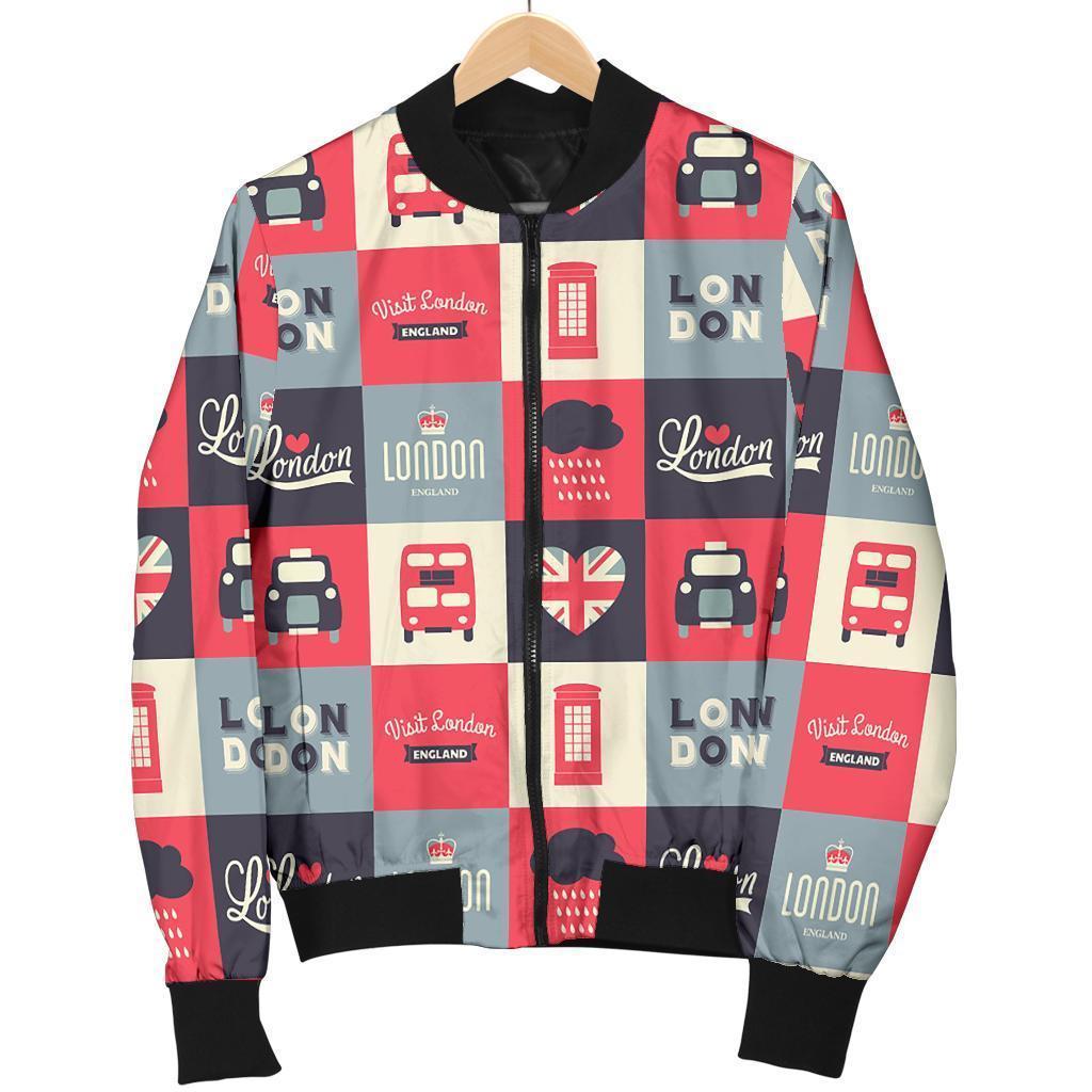 London Lover Pattern Print Women Casual Bomber Jacket-grizzshop