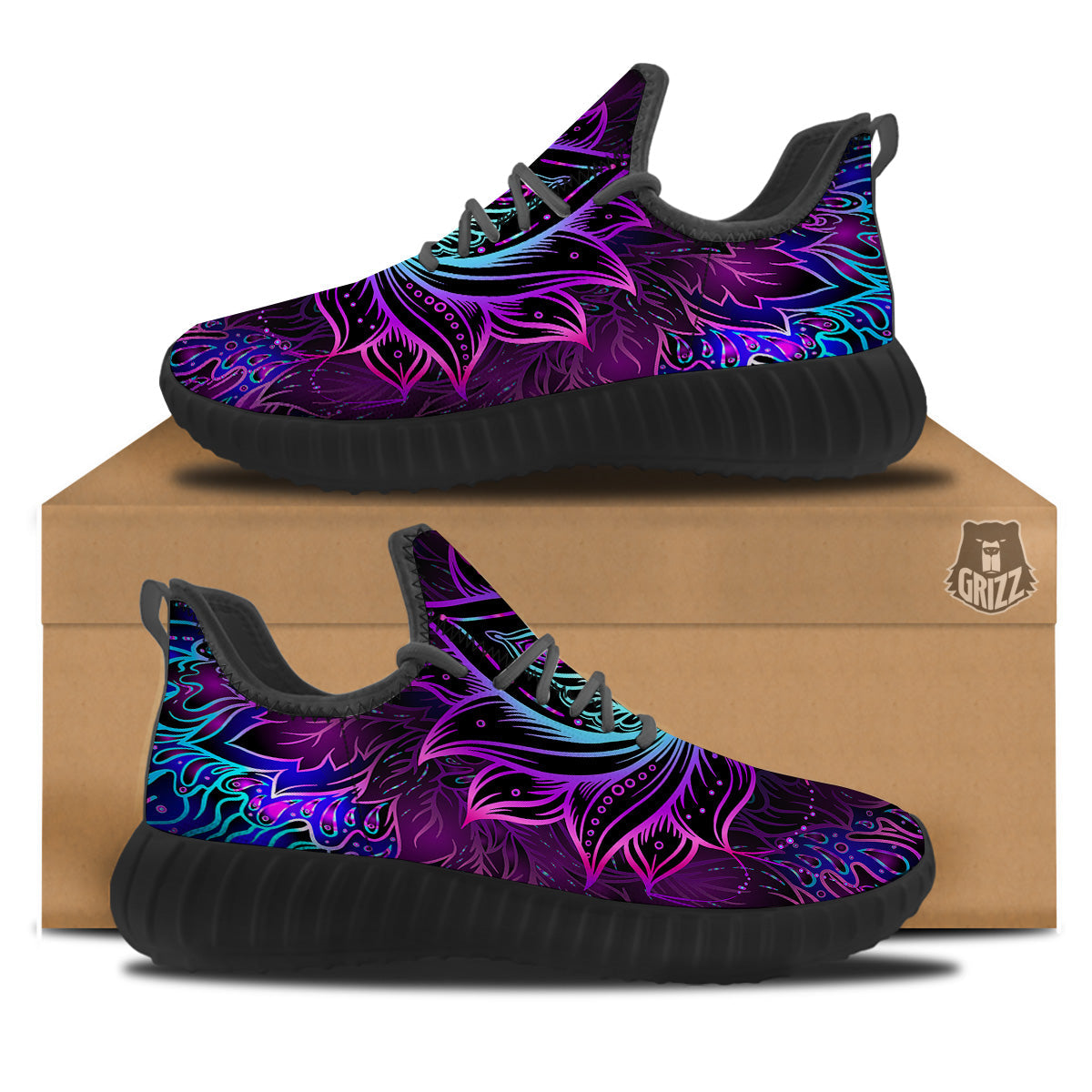 Lotus Boho Spiritual Print Black Walking Shoes-grizzshop