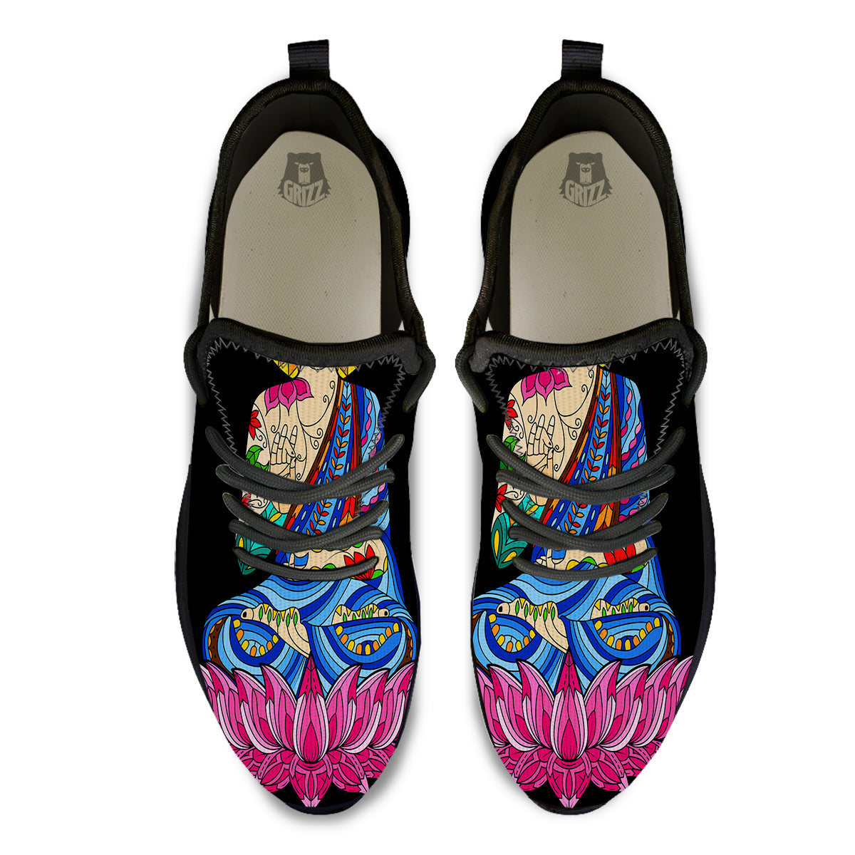 Lotus Buddha Colorful Print Black Athletic Shoes-grizzshop