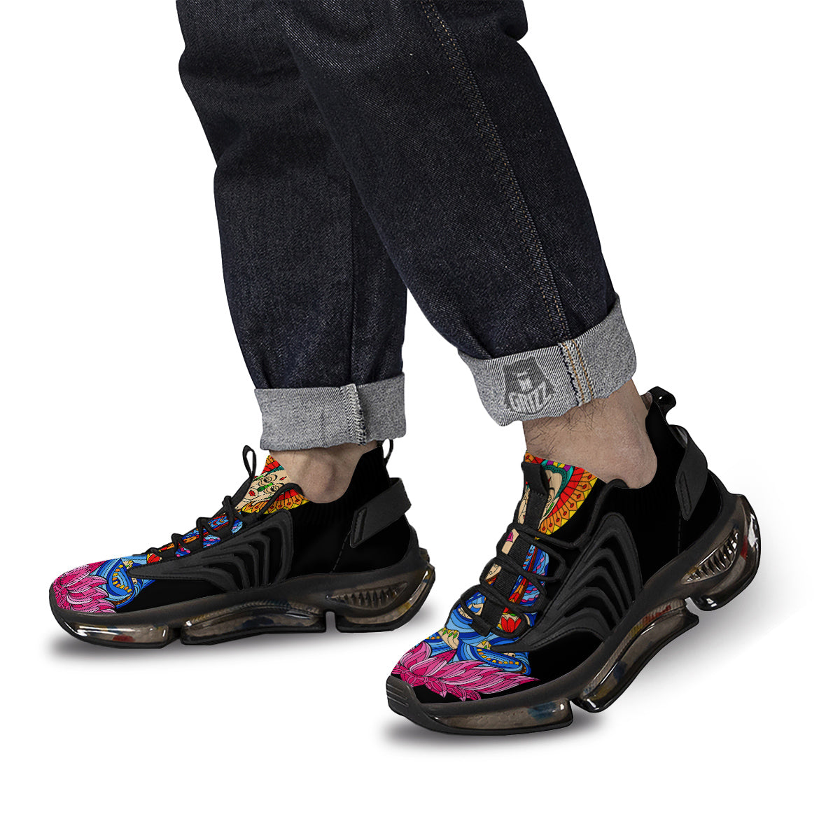 Lotus Buddha Colorful Print Black Gym Shoes-grizzshop