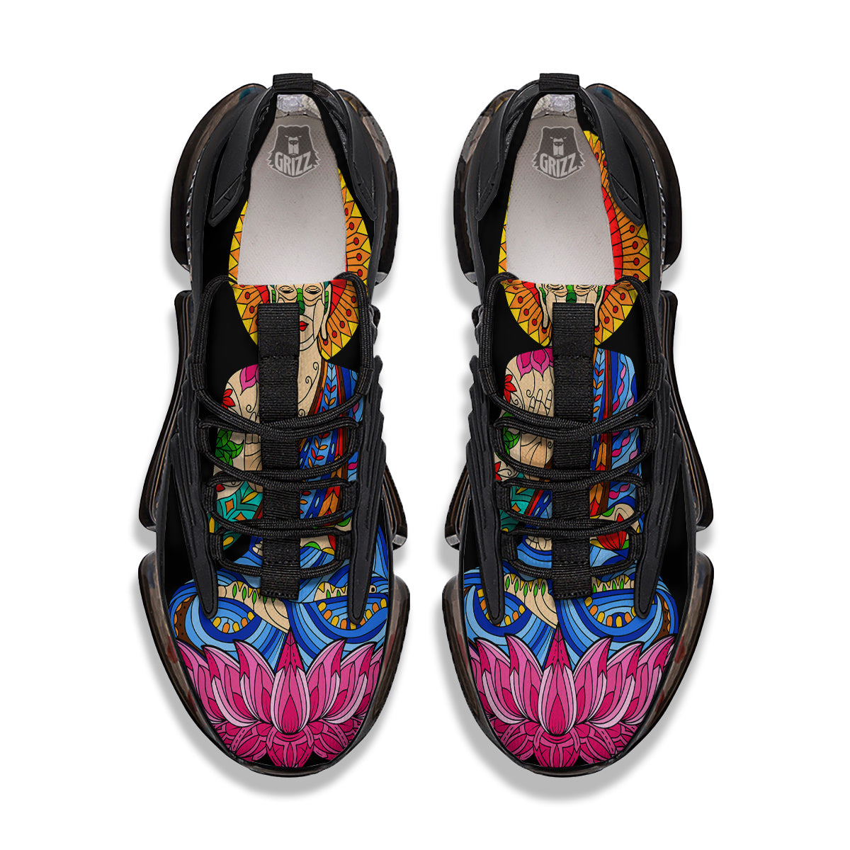 Lotus Buddha Colorful Print Black Gym Shoes-grizzshop