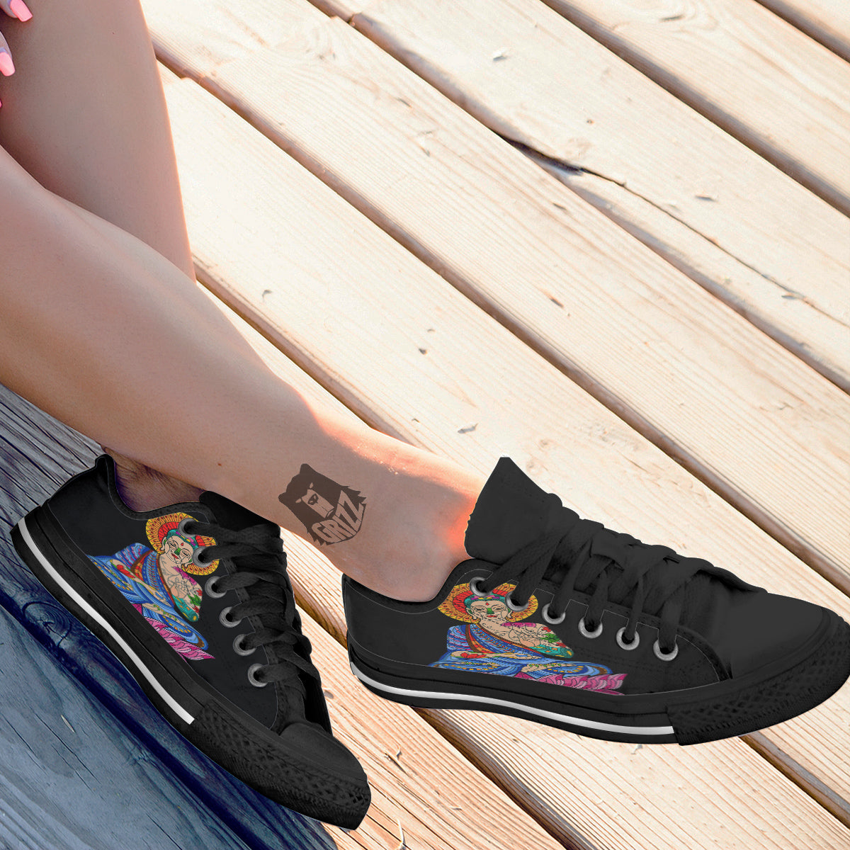 Lotus Buddha Colorful Print Black Low Top Shoes-grizzshop