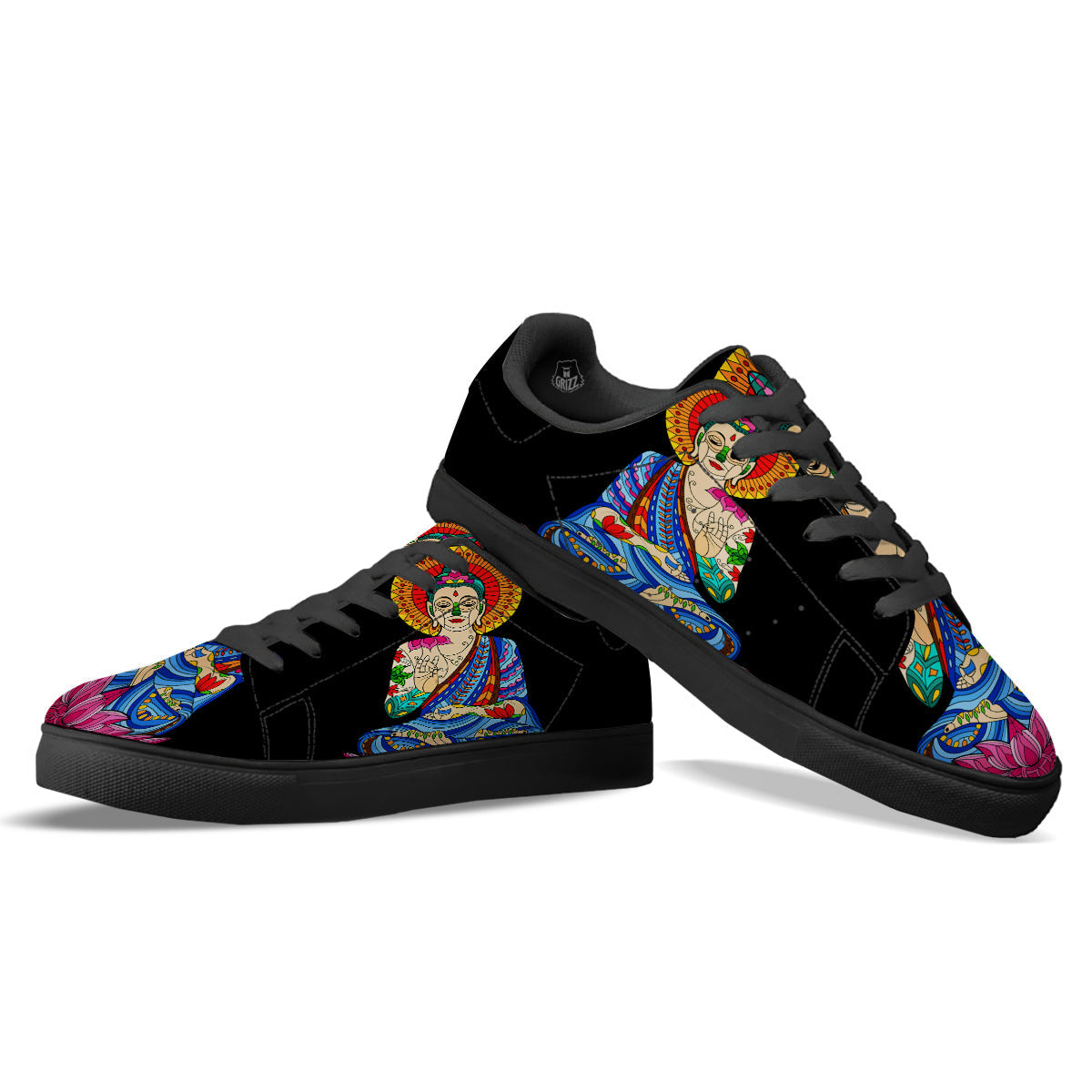 Lotus Buddha Colorful Print Black Low Top Sneakers-grizzshop