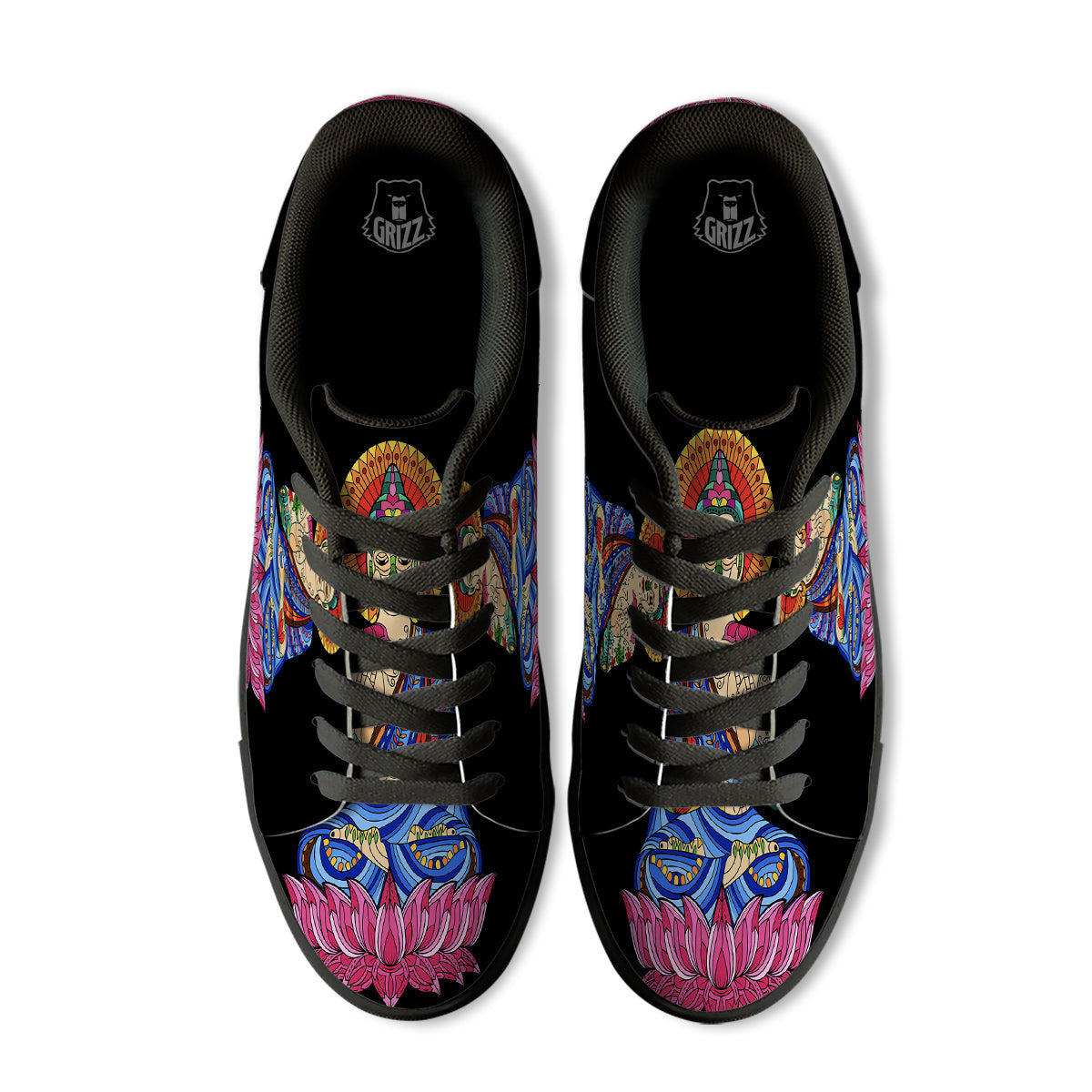 Lotus Buddha Colorful Print Black Low Top Sneakers-grizzshop